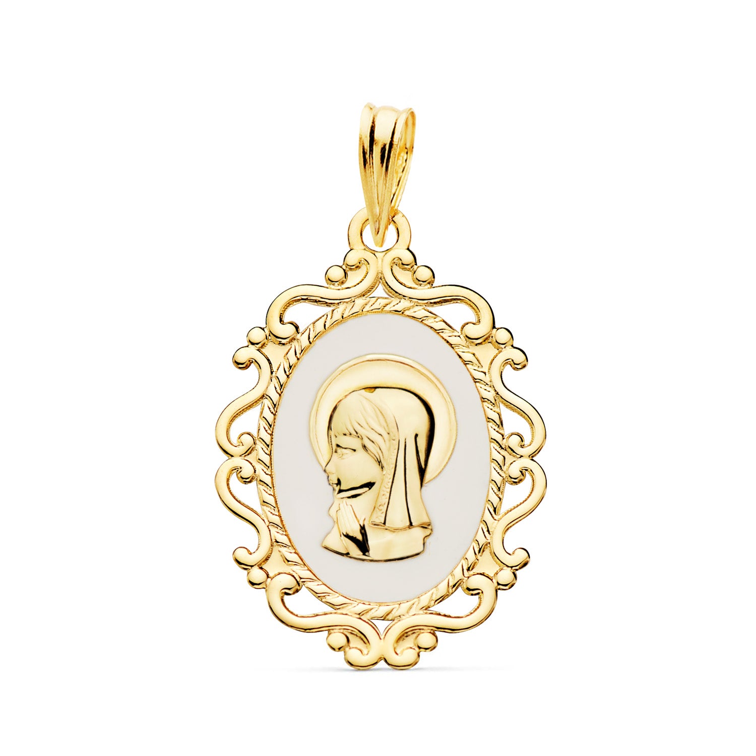 Médaille en Or Jaune 18K Vierge Profil Émail Blanc et Bordure Frettée Brillante 23X16 mm