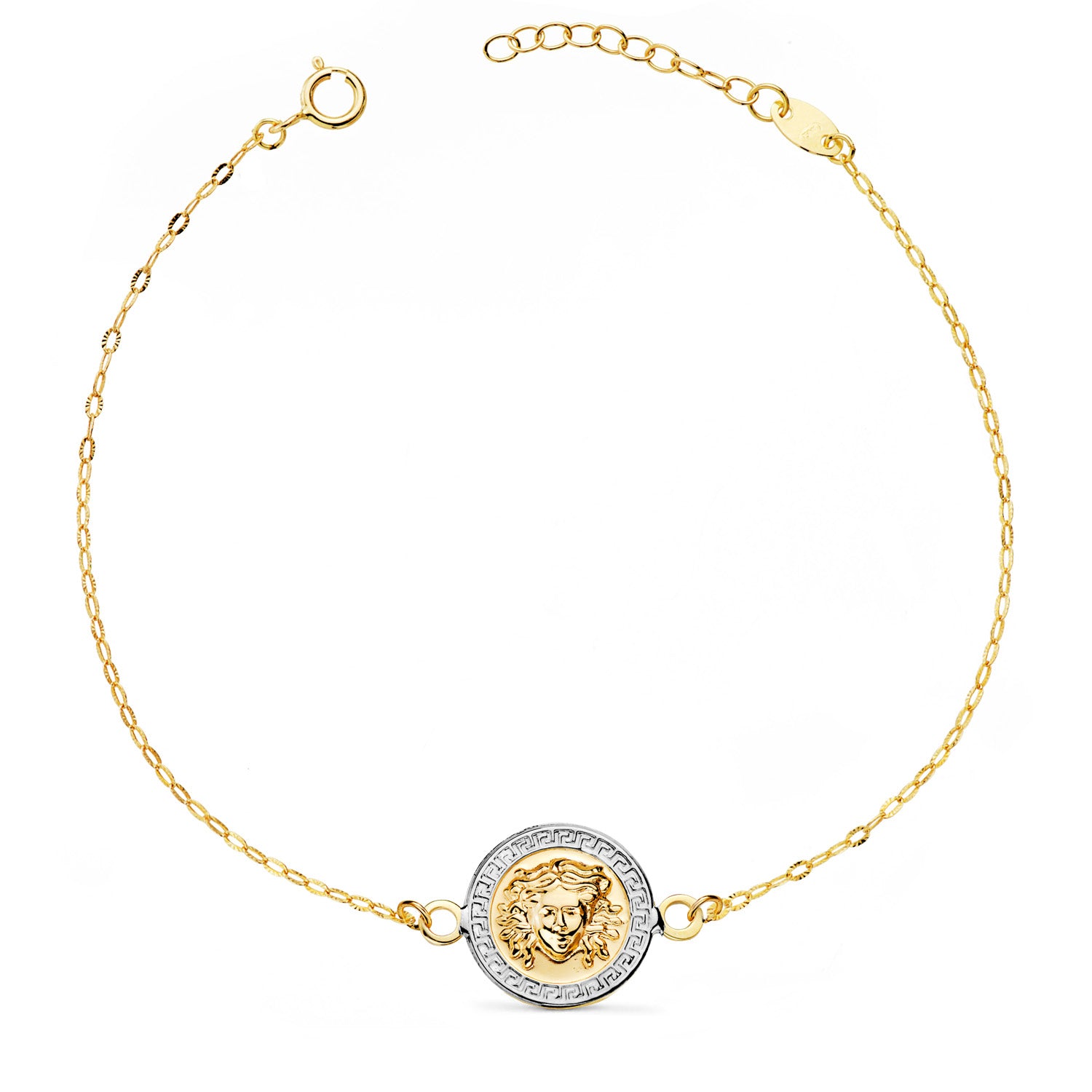 Bracelet en Or Bicolore 18K Méduse Brillante 12MM Chaîne Sculptée Longueur : 18-3 Cm