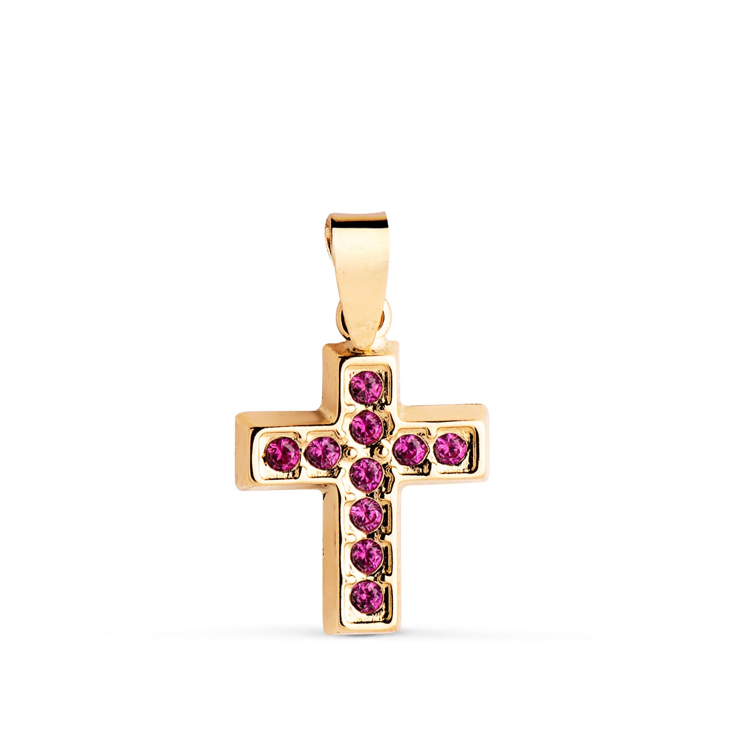 Croce in Oro Giallo 18K con Pietre di Zirconio Rosse. Dimensioni: 13,5 x 10 mm