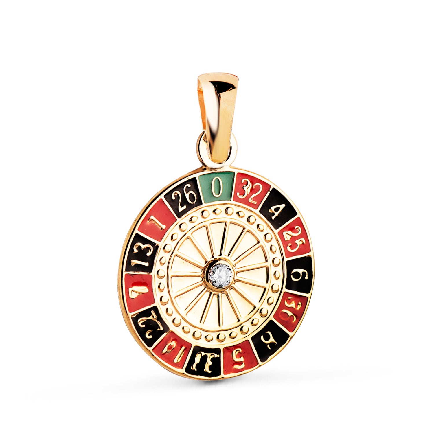 Pendentif en Or Jaune 18K Émaillé Roulette de Casino avec Zircon Taille : 14,5 mm