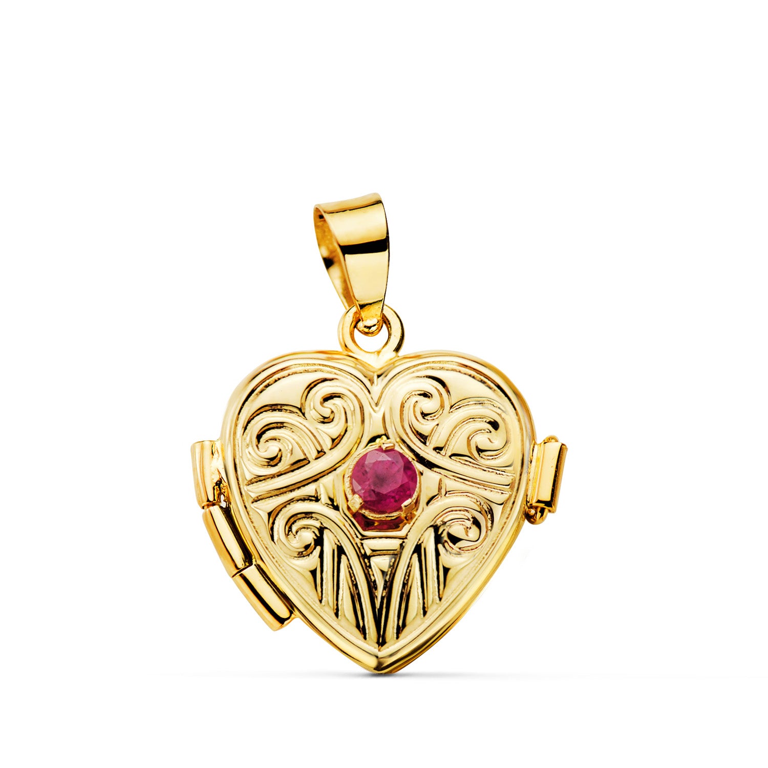 Pendentif Porte-photo « Guardapelo » en Or Jaune 18 Carats, en Forme de C?ur Gravé avec Un Rubis Raffiné. Dimensions : 16 X 14 Mm. avec « Amour »