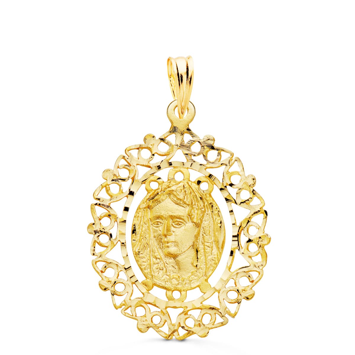 18K Médaille Vierge Macarena Entourée Filigrane 28 X 21 mm