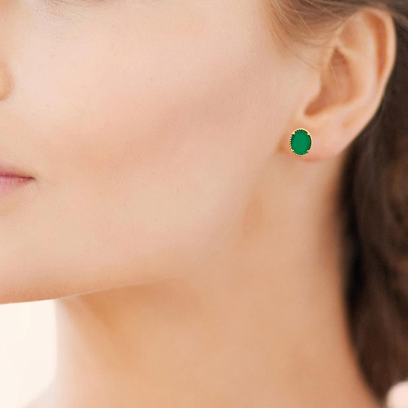 Oval - Green - Gold Plated - Earrings