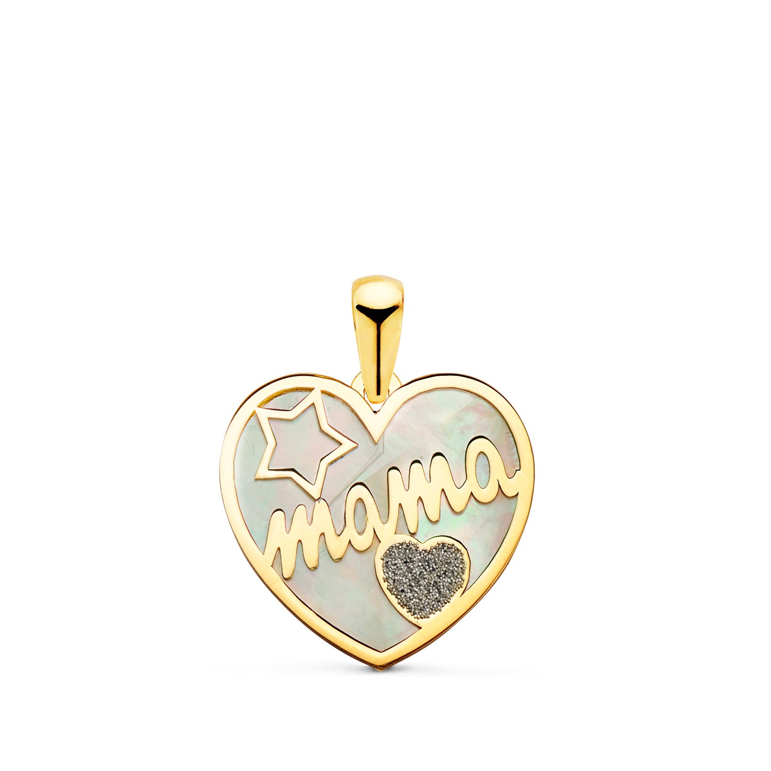Pendentif Coeur en Or Jaune 18K avec Mère de Mère et Poussière de Diamant 16X14MM