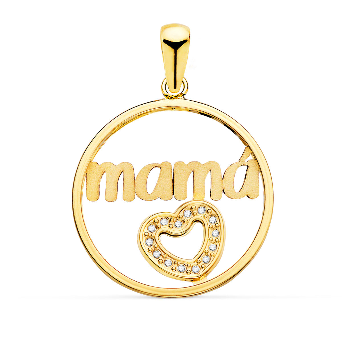 Pendentif Or Jaune 18K avec Coeur et Poitrine Ronde Zircone 20 mm