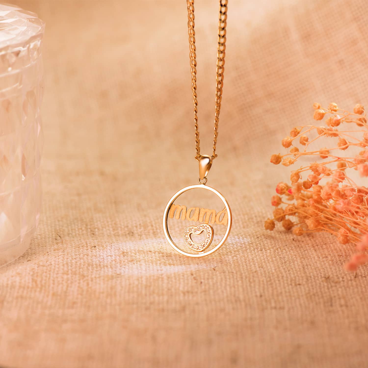 Pendentif Or Jaune 18K avec Coeur et Poitrine Ronde Zircone 20 mm