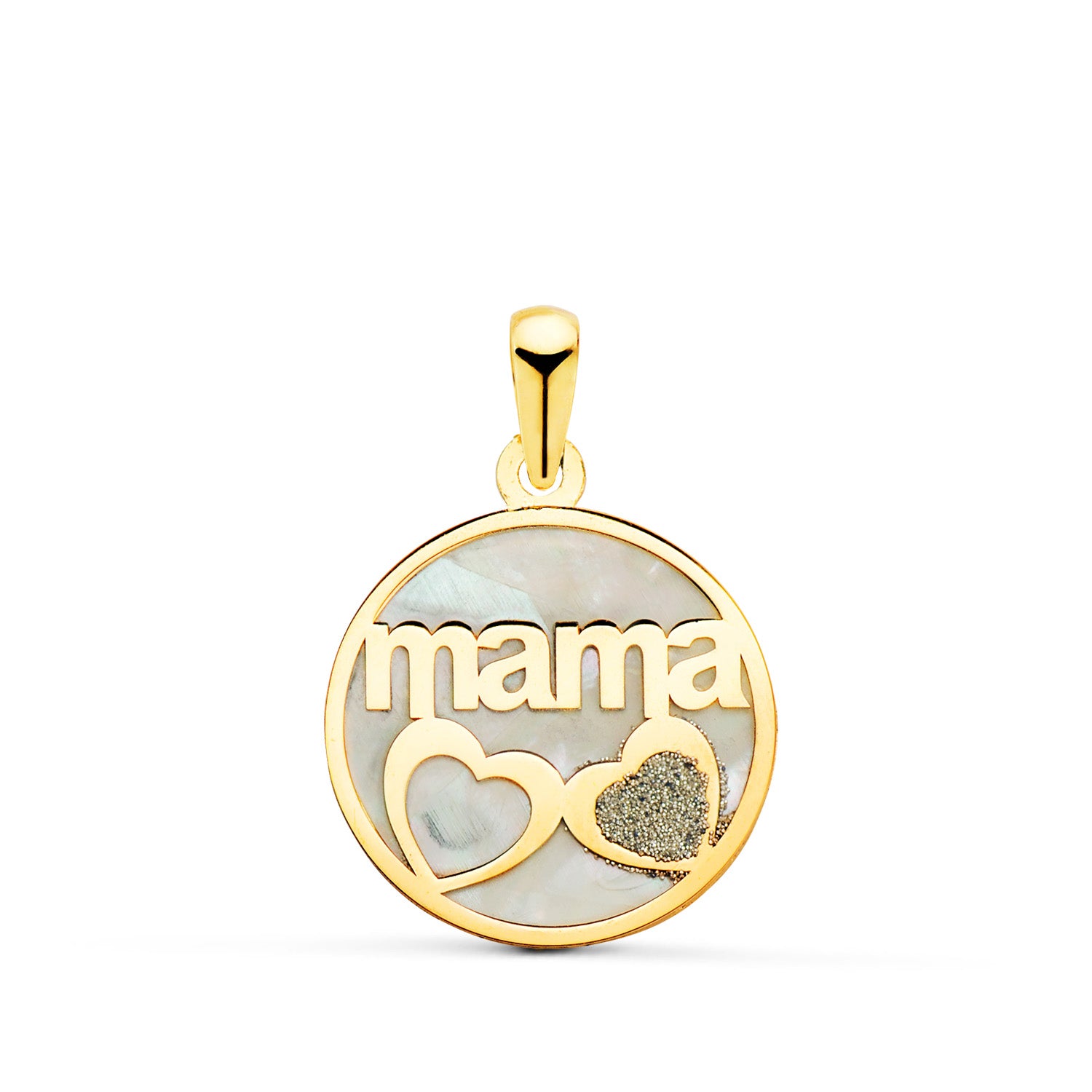 Pendentif Mère et Coeur en Or Jaune 18K avec Poussière de Diamant 16MM