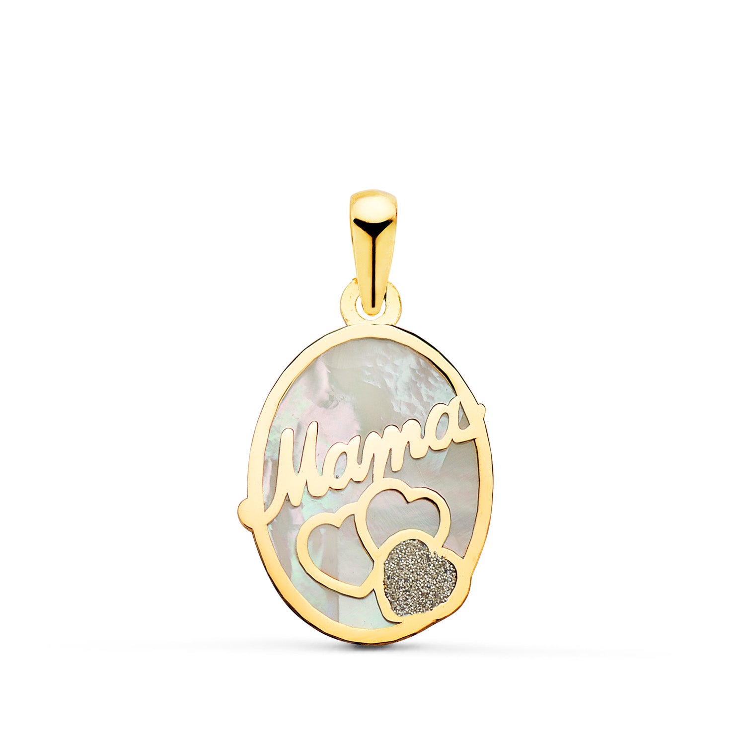 Pendentif Nacar Ovalero Jaune Mama 18K avec Coeurs et Poussière de Diamant 17X13MM