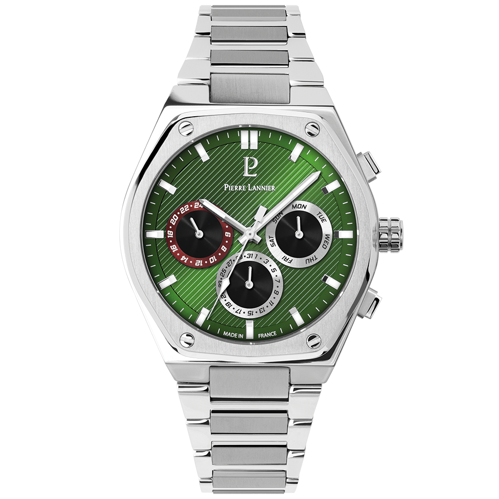Montre homme Pierre Lannier COPILOTE 230F171 – cadran vert bracelet acier argenté – vue de face