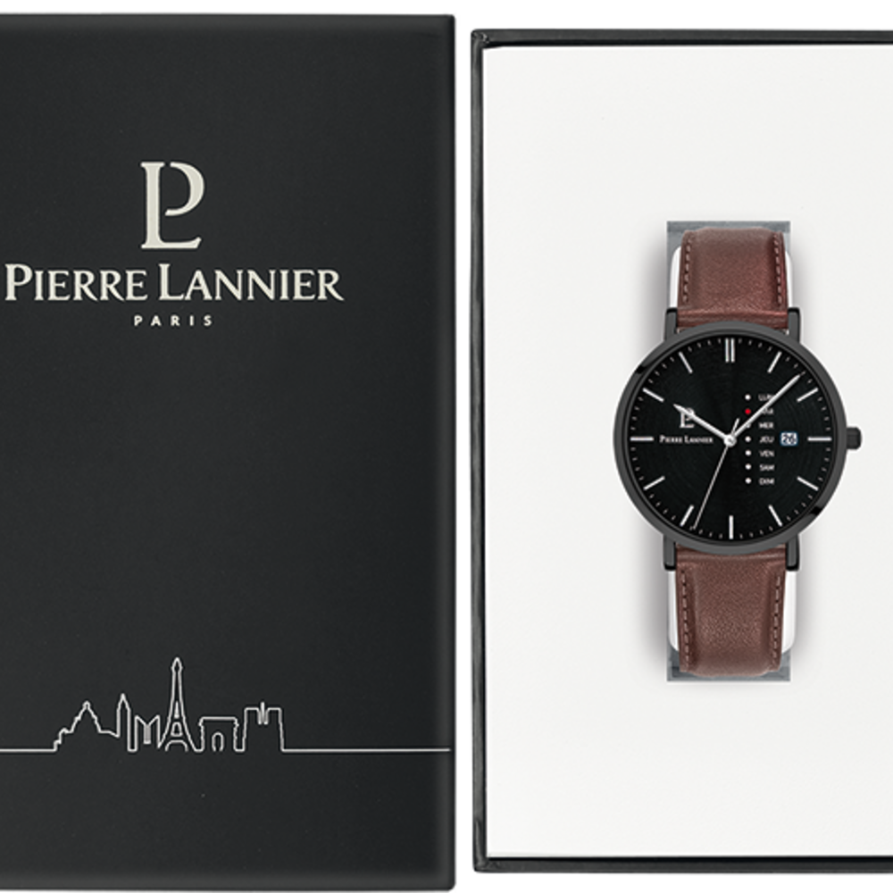 Montre homme Pierre Lannier DATA 243H434 – cadran noir bracelet cuir marron – vue 3