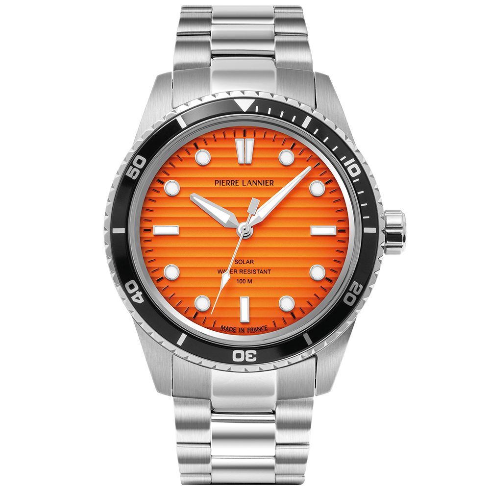 Montre homme Pierre Lannier INTI 244H151 – cadran orange bracelet acier argenté – vue de face