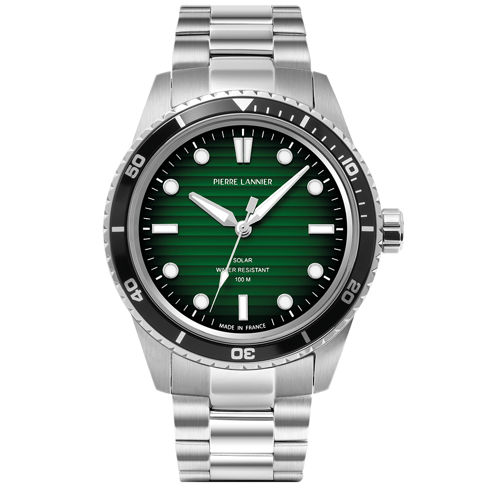Montre homme Pierre Lannier INTI 244H171 – cadran vert bracelet acier argenté – vue de face