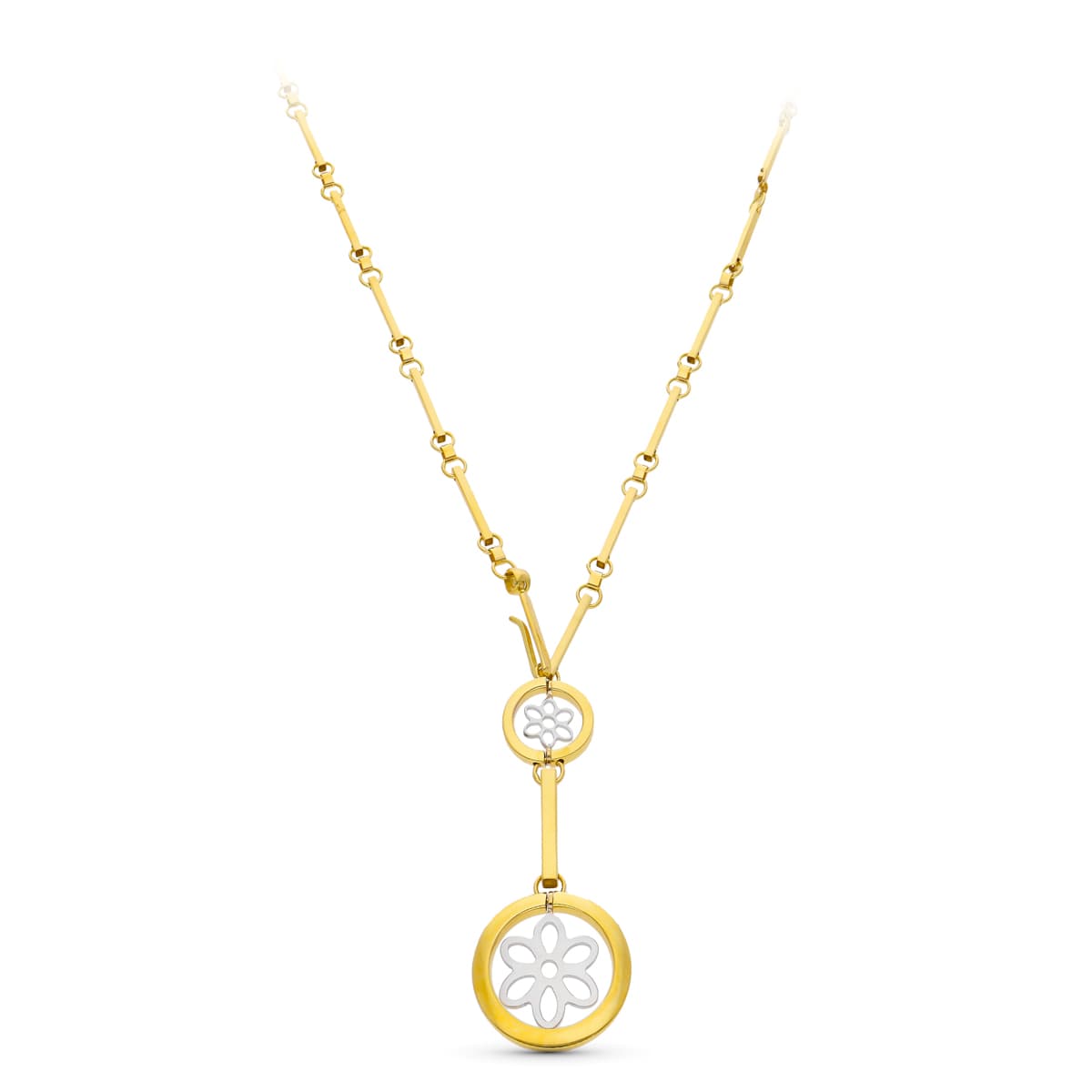 Collier Cercles et Fleur en Or Bicolore 18K 45 Cm
