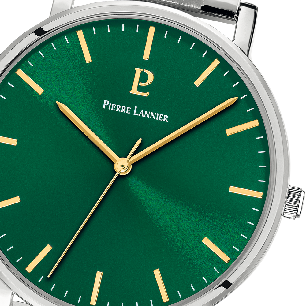 Mostrador raio de sol verde, ponteiros dourados, moldura prateada Pierre Lannier 251G171
