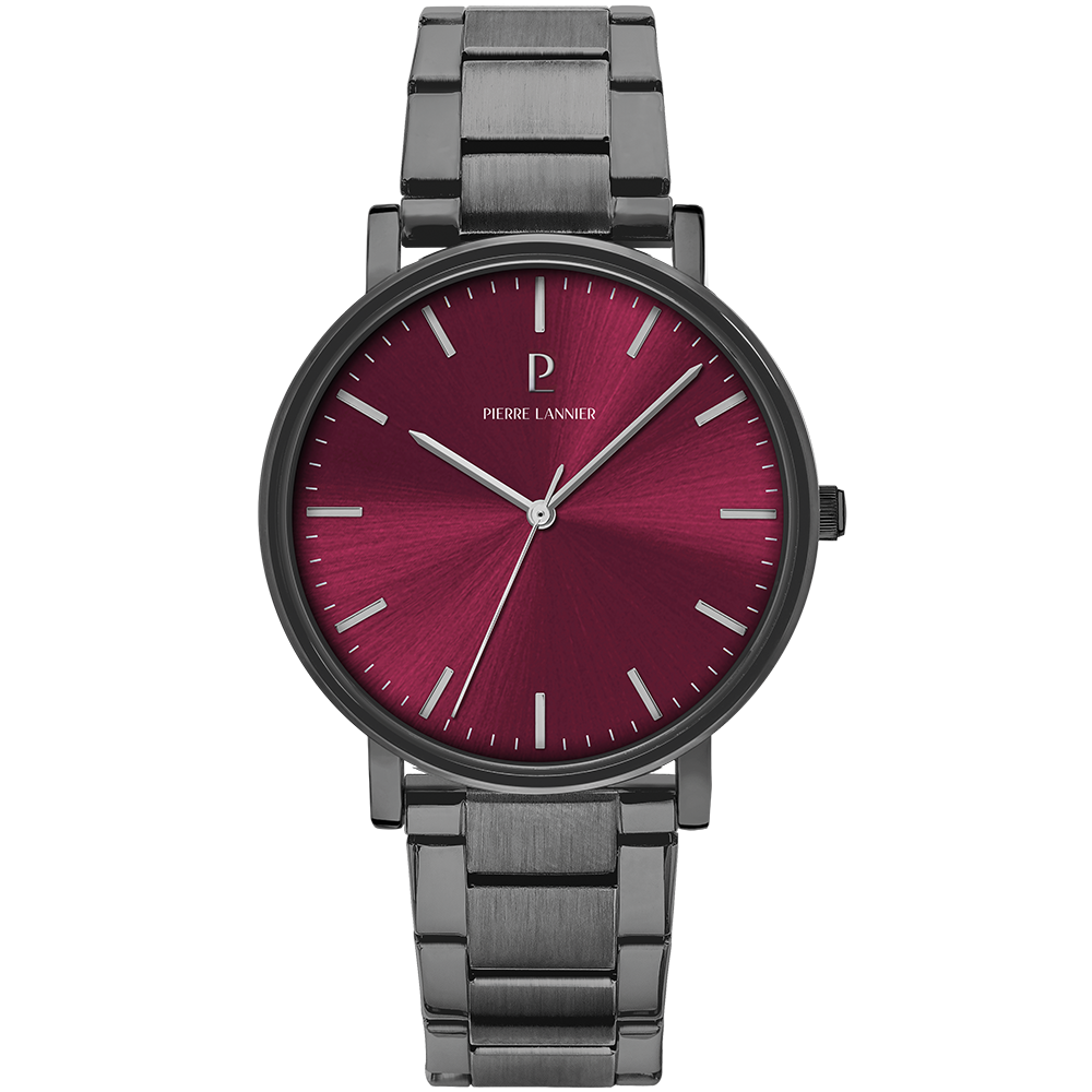 Montre homme Pierre Lannier ESSENTIAL 252G459 – cadran bordeaux bracelet acier gris – vue de face