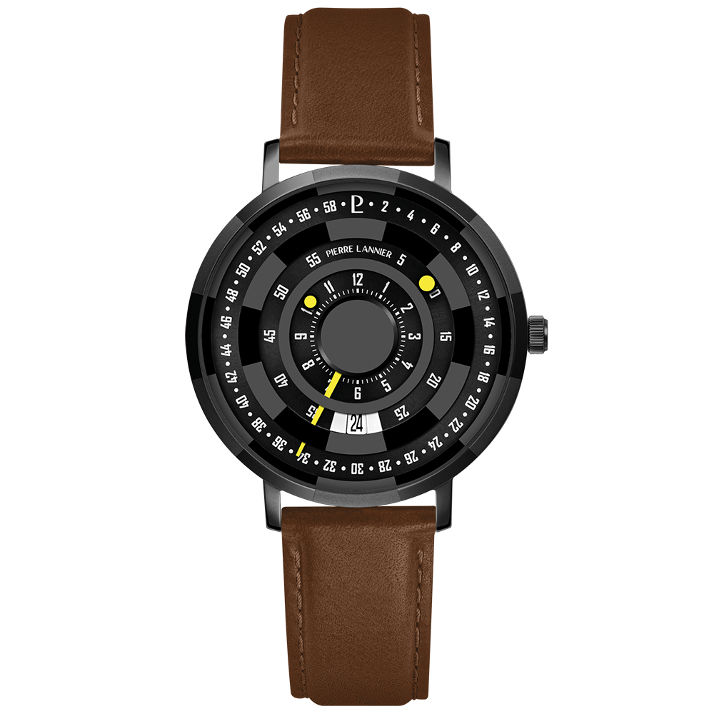 Montre homme Pierre Lannier BLACKJACK 254D434 – cadran noir bracelet cuir marron – vue de face