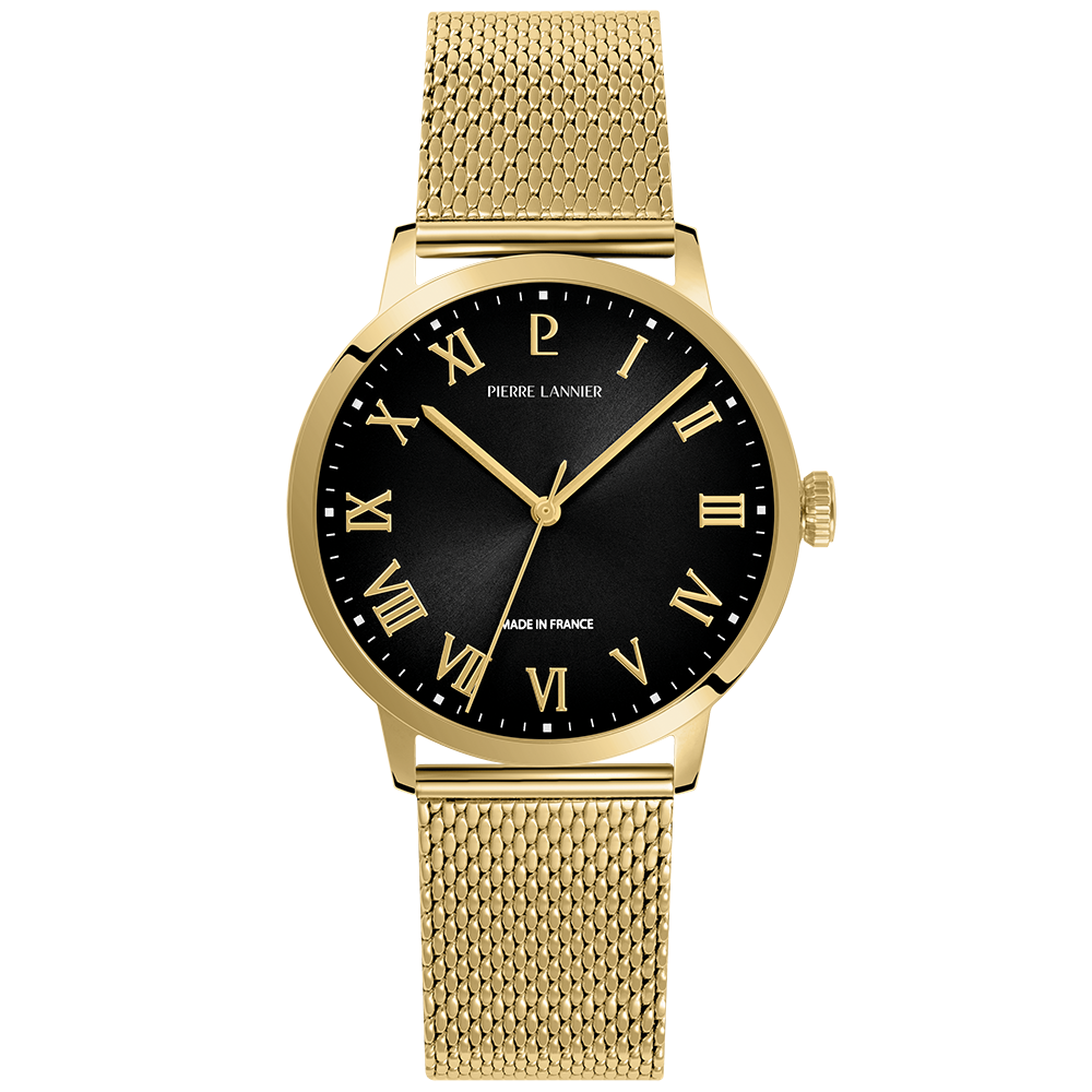 Montre homme Pierre Lannier INTERVAL 256G032 – cadran noir bracelet milanais doré – vue de face