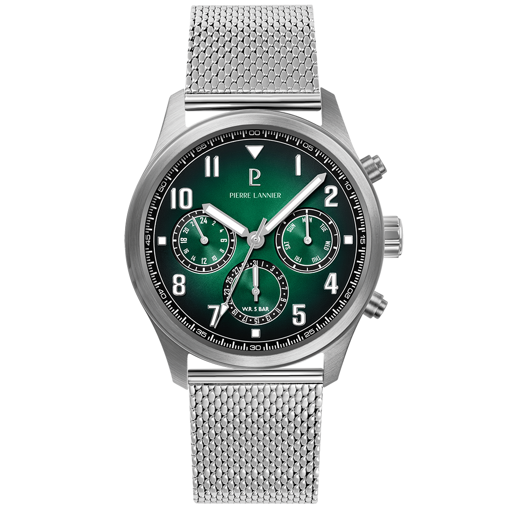 Montre homme Pierre Lannier AVIATEUR 257H171 – cadran vert bracelet milanais argenté – vue de face