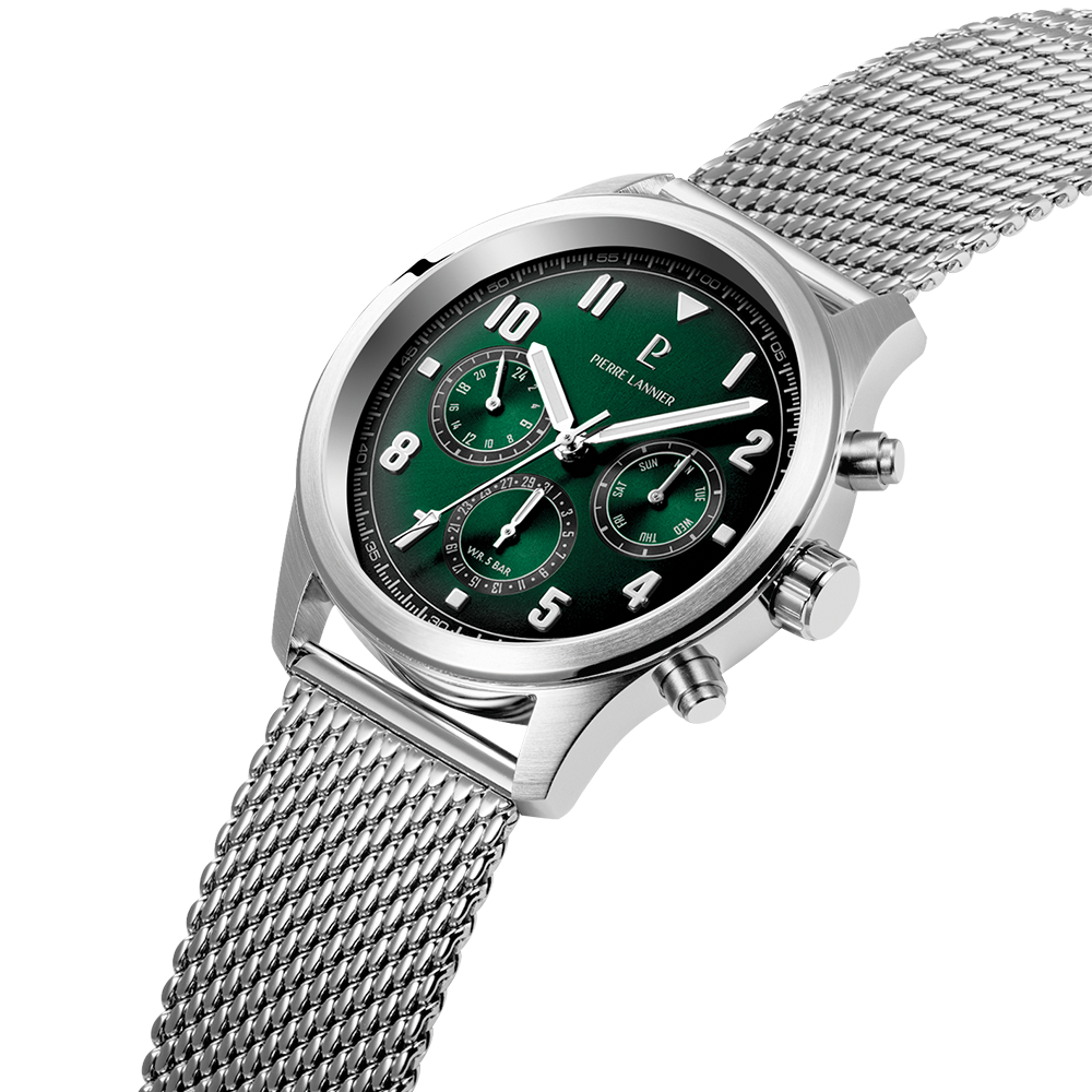 Montre homme Pierre Lannier AVIATEUR 257H171 – cadran vert bracelet milanais argenté – vue 4