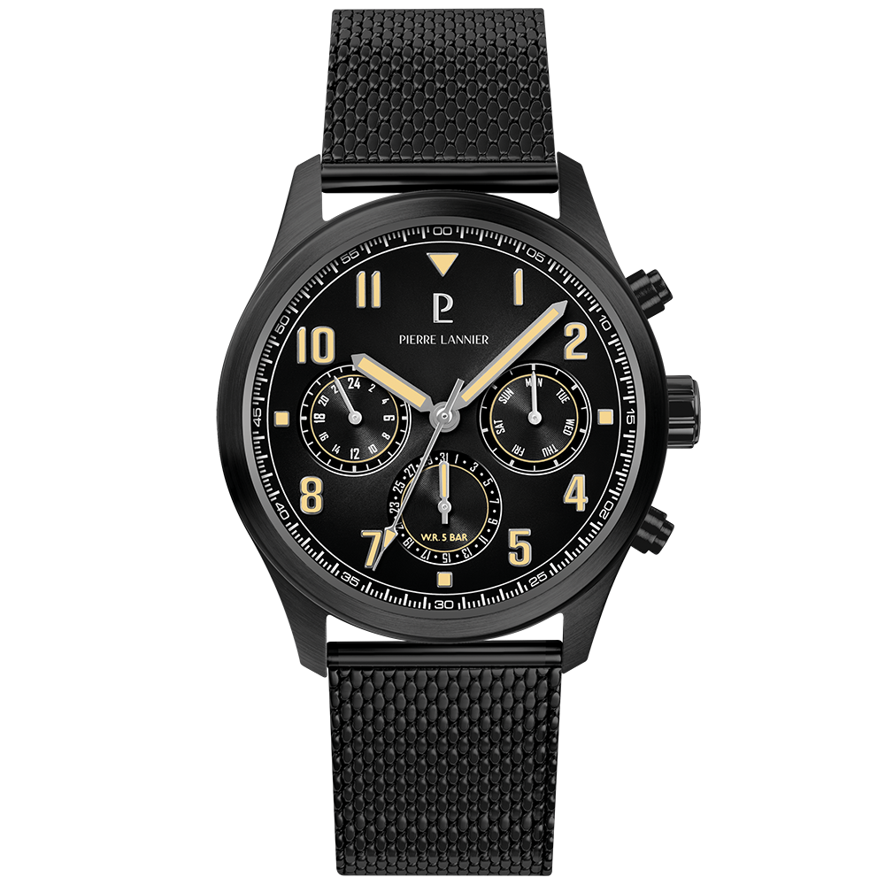 Montre homme Pierre Lannier AVIATEUR 258M439 – cadran gris bracelet milanais noir – vue de face