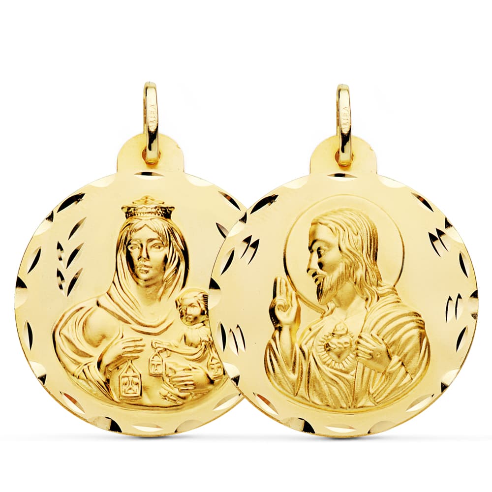 18K Médaille Scapulaire Vierge du Mont Carmel et Coeur de Jésus 30MM