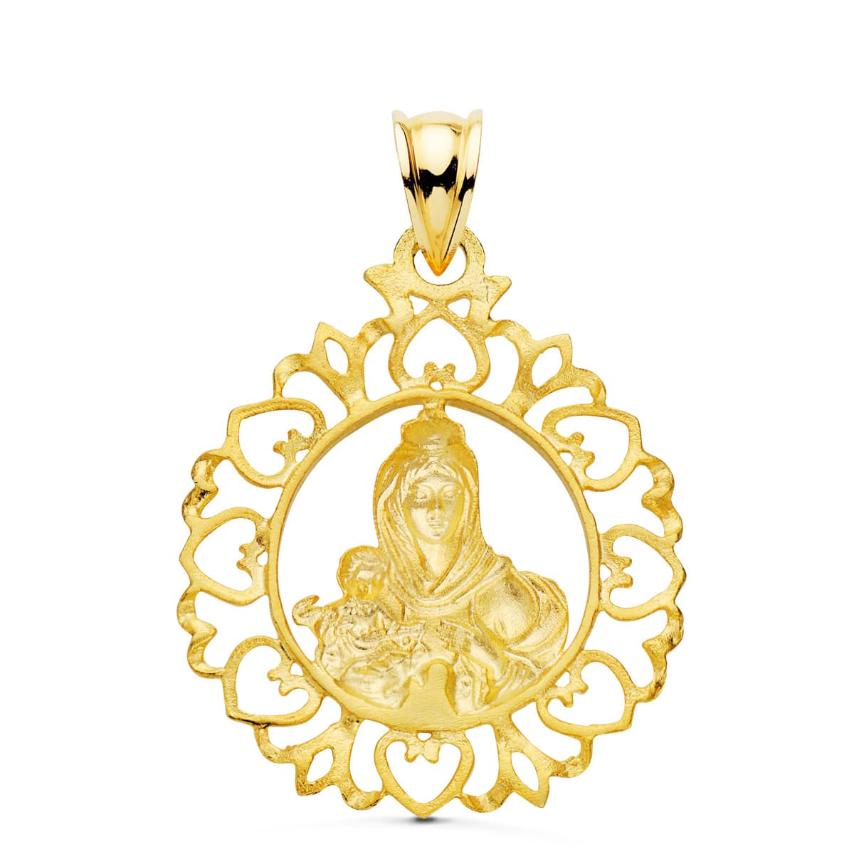 Medalha de Ouro Amarelo 18K Virgem de Carmen Borda com Corações 30X25 mm