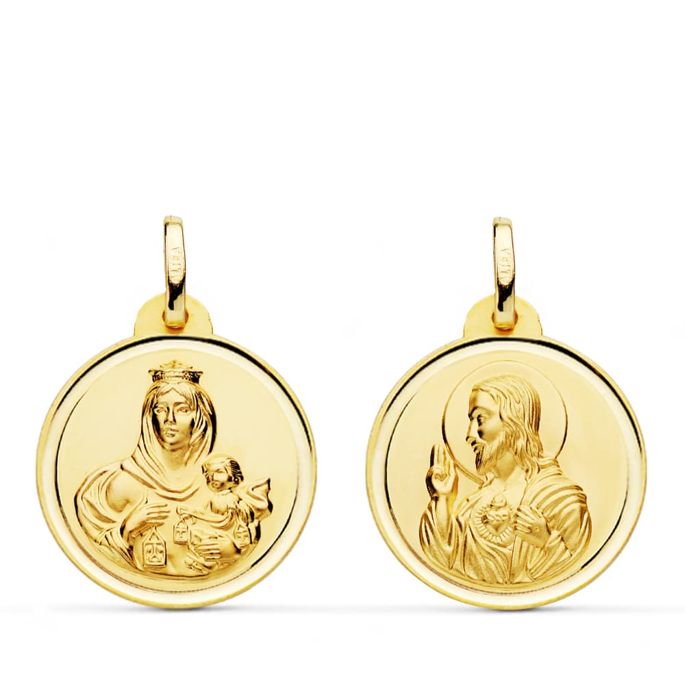 Escapulario Oro Amarillo 18K Bisel Virgen Del Carmen Corazón de Jesús 20 mm