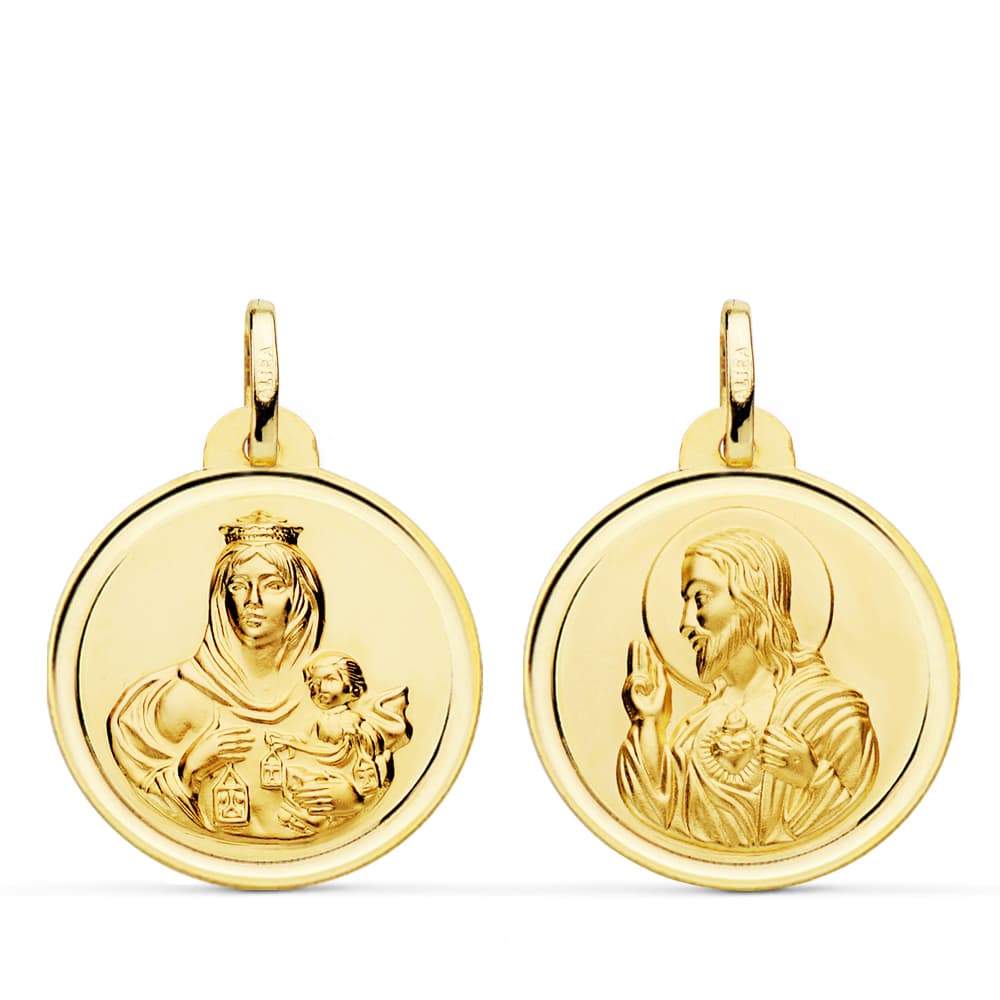 Lunette en Or Jaune 9K Scapulaire Virgen Del Carmen Corazon de Jesus 22 mm