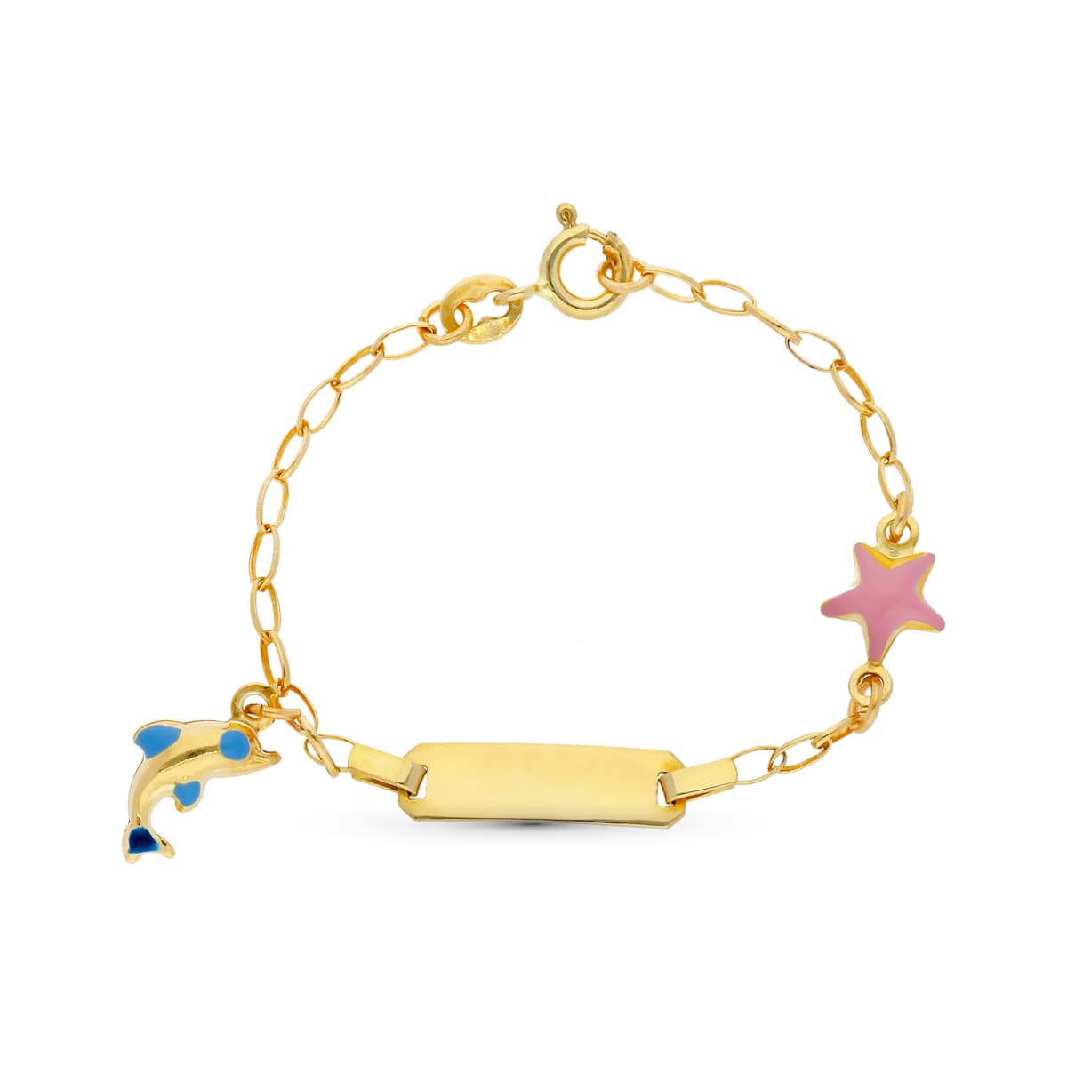 18K Gourmette en Or Jaune Dauphin et Etoile Emaillée 13 Cm
