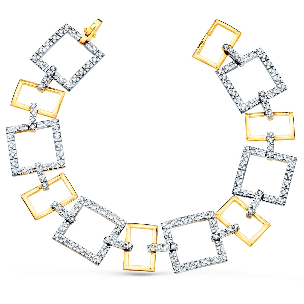 Pulseira 18K em 2 Ouros Quadrados e Motivos com Zircões. 20 cm.