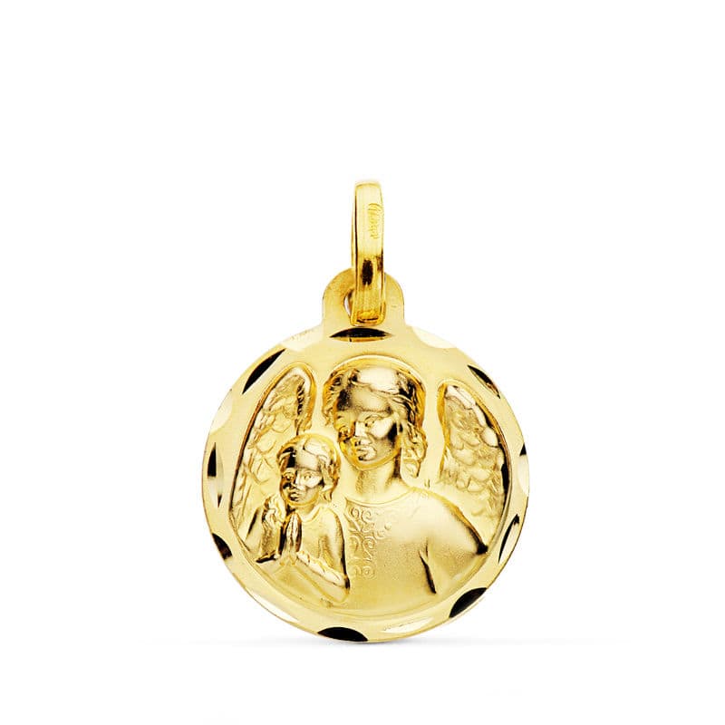 Médaille Ange Gardien en Or Jaune 18K avec Enfant Sculpté 16 mm