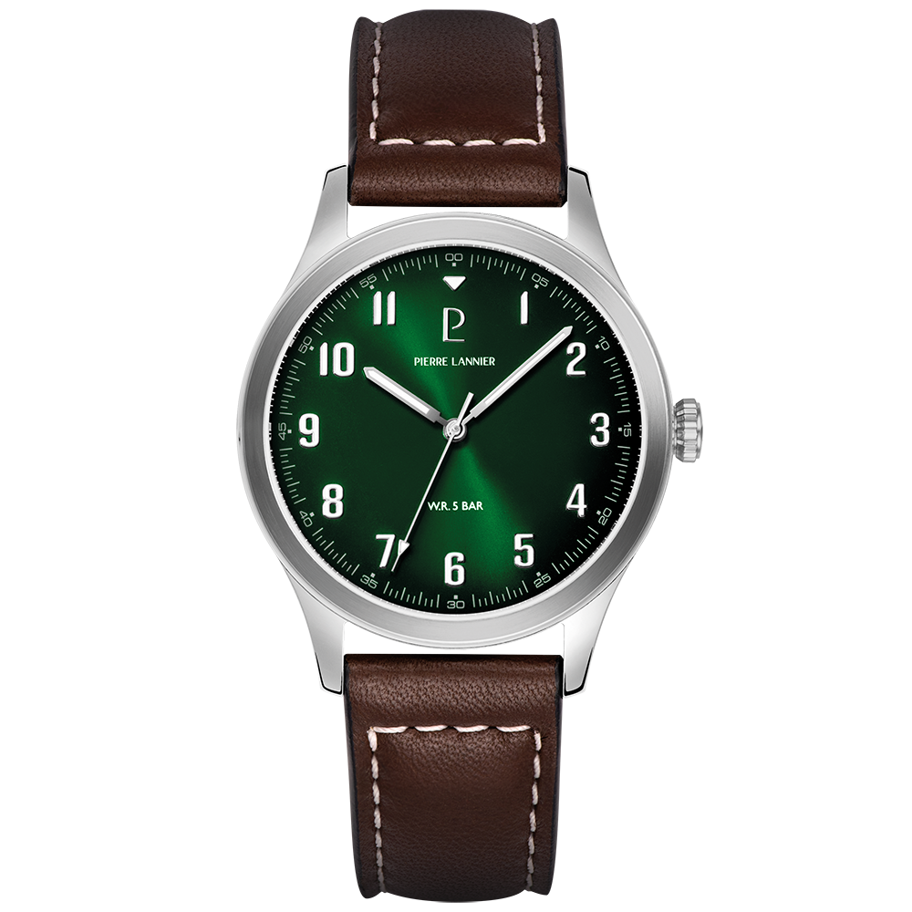 Montre homme Pierre Lannier AVIATEUR 260G174 – cadran vert bracelet cuir marron – vue de face