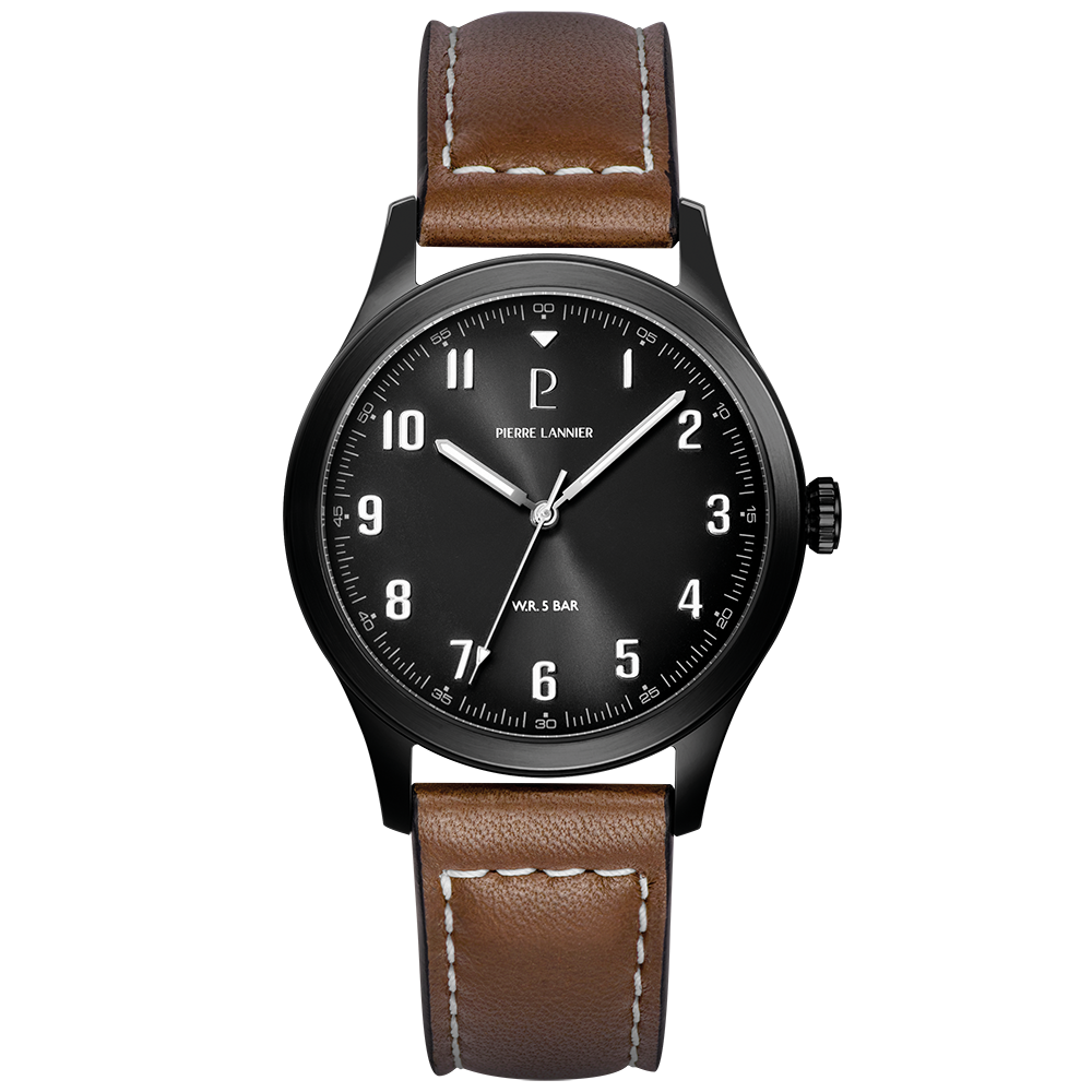 Montre homme Pierre Lannier AVIATEUR 261K434 – cadran gris bracelet cuir marron – vue de face
