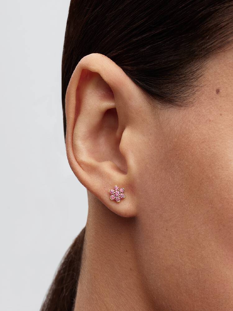 Orecchini a bottone placcati in oro 14k a forma di fiore con zirconi rosa fantasia