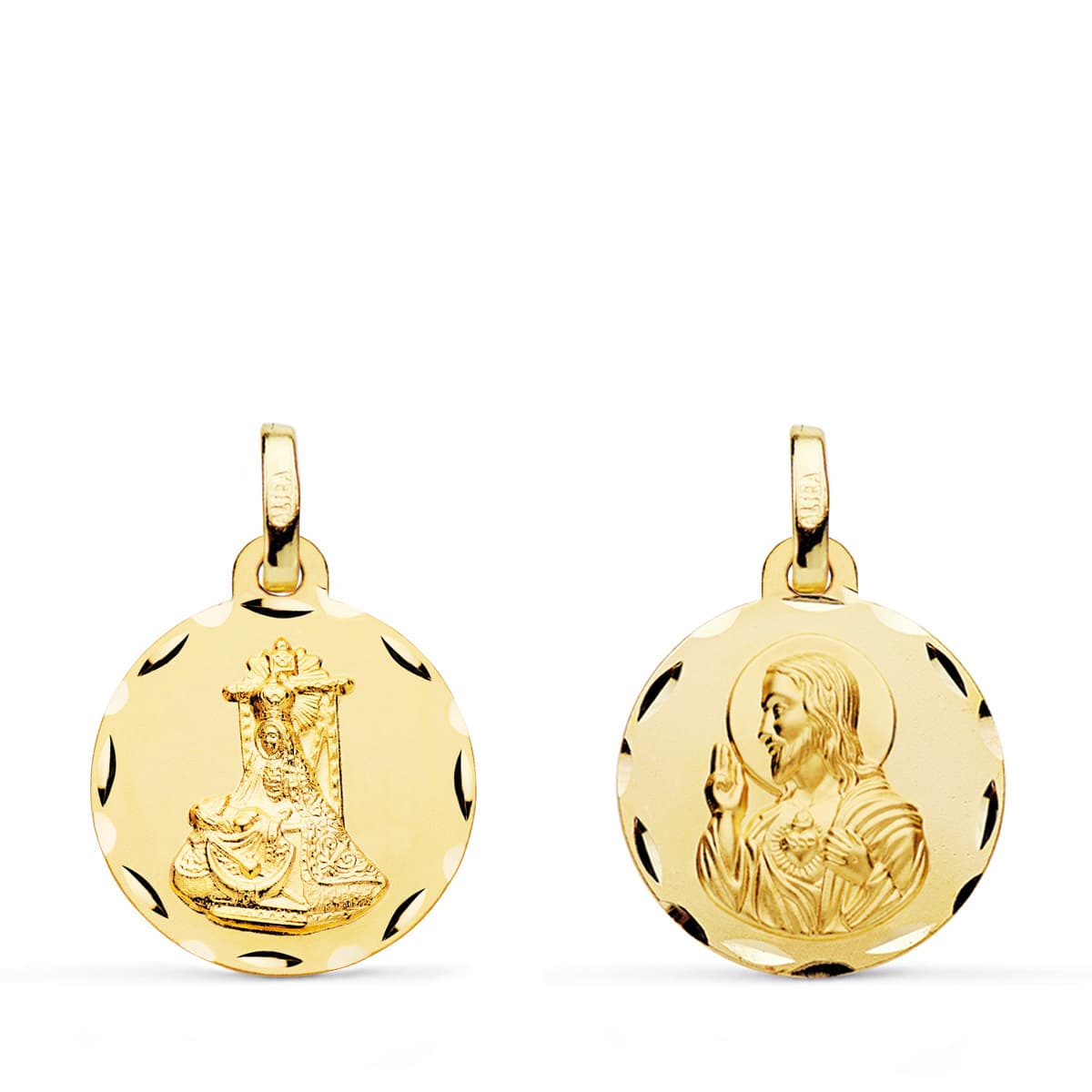 Médaille Scapular 18K Vierge Dangustias et C?ur de Jésus DIAMANTÉE16 mm