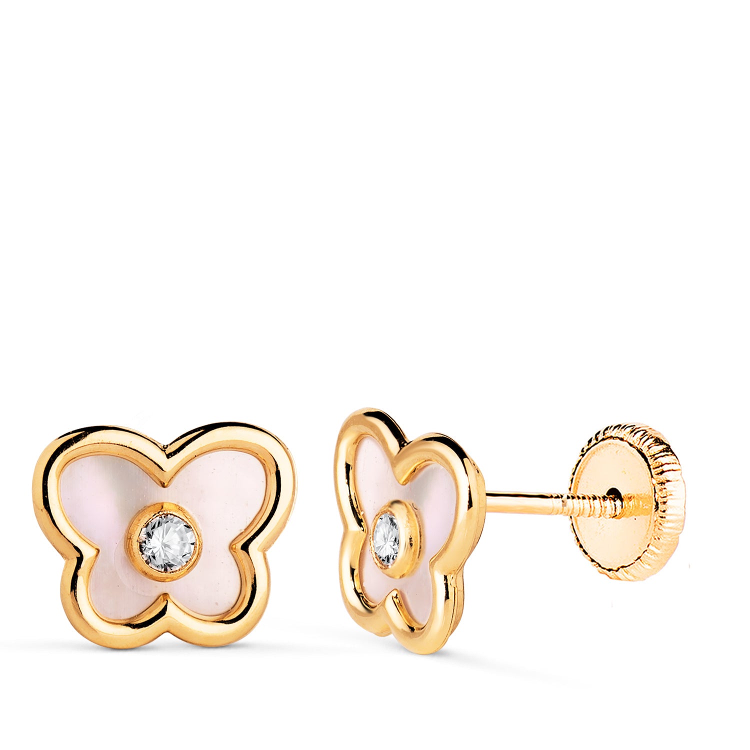 18K Boucles d'oreilles Or Jaune Papillon Nacre 8 X 7MM