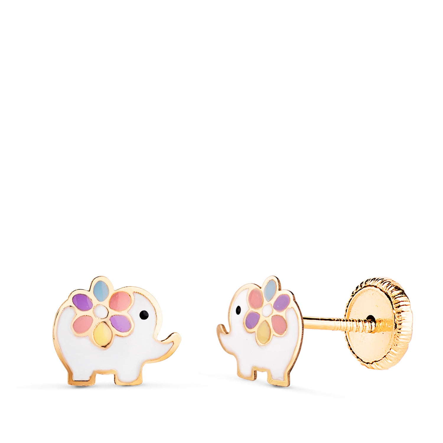 Boucles d'oreilles Éléphant en Or Jaune 18K Émaillé Taille : 7 X 6 mm Fermoir a Vis