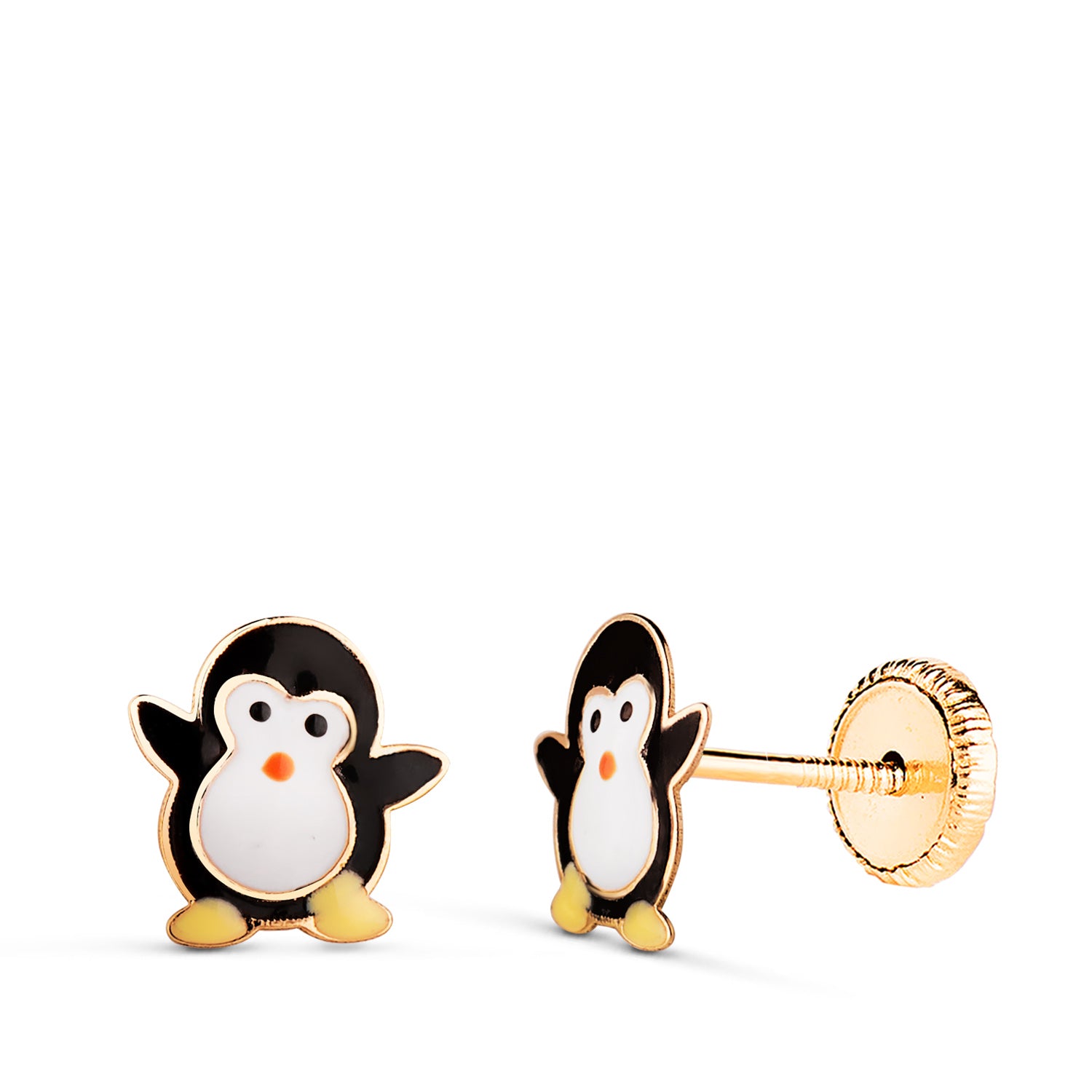 Boucles d'oreilles Pingouin en Or Jaune 18K Émaillé Taille : 8 X 7 mm Fermoir a Vis