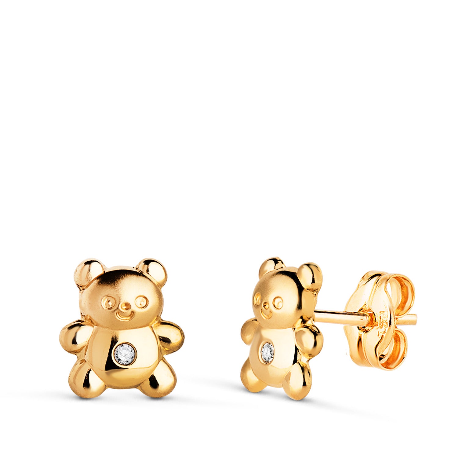 Boucles d'oreilles Ours en Or Jaune 18 Carats avec Zircone Mat et Brillant Mesure: 7 X 6 mm Fermoir Poussettes Papillon