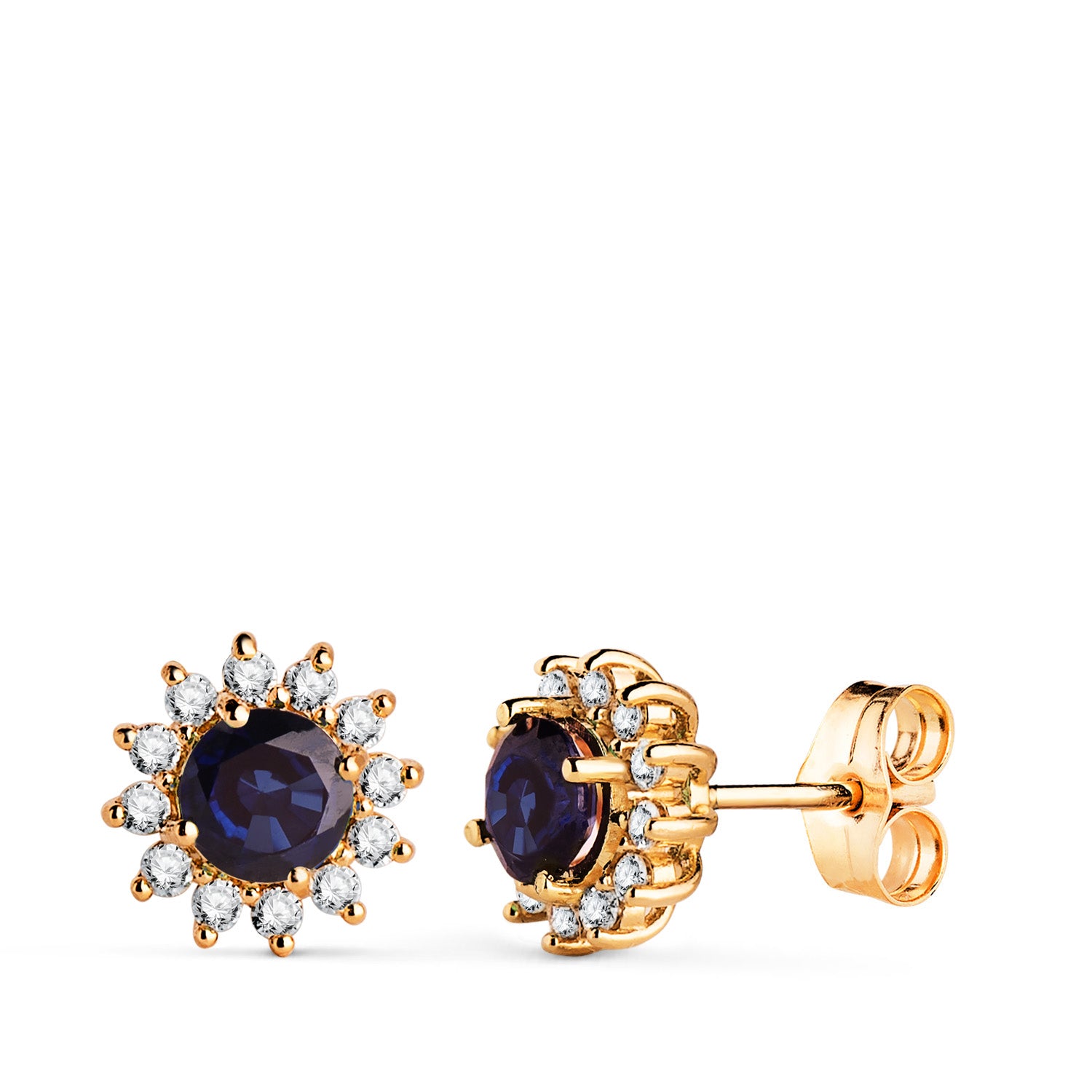 Boucles d'oreilles en Or Jaune 18K 24 Diamants et Saphir Sertis Diffusion 5 mm 1.12 Qt 0.340 Qts VS2-G 9 mm Fermoir Poussettes Papillon