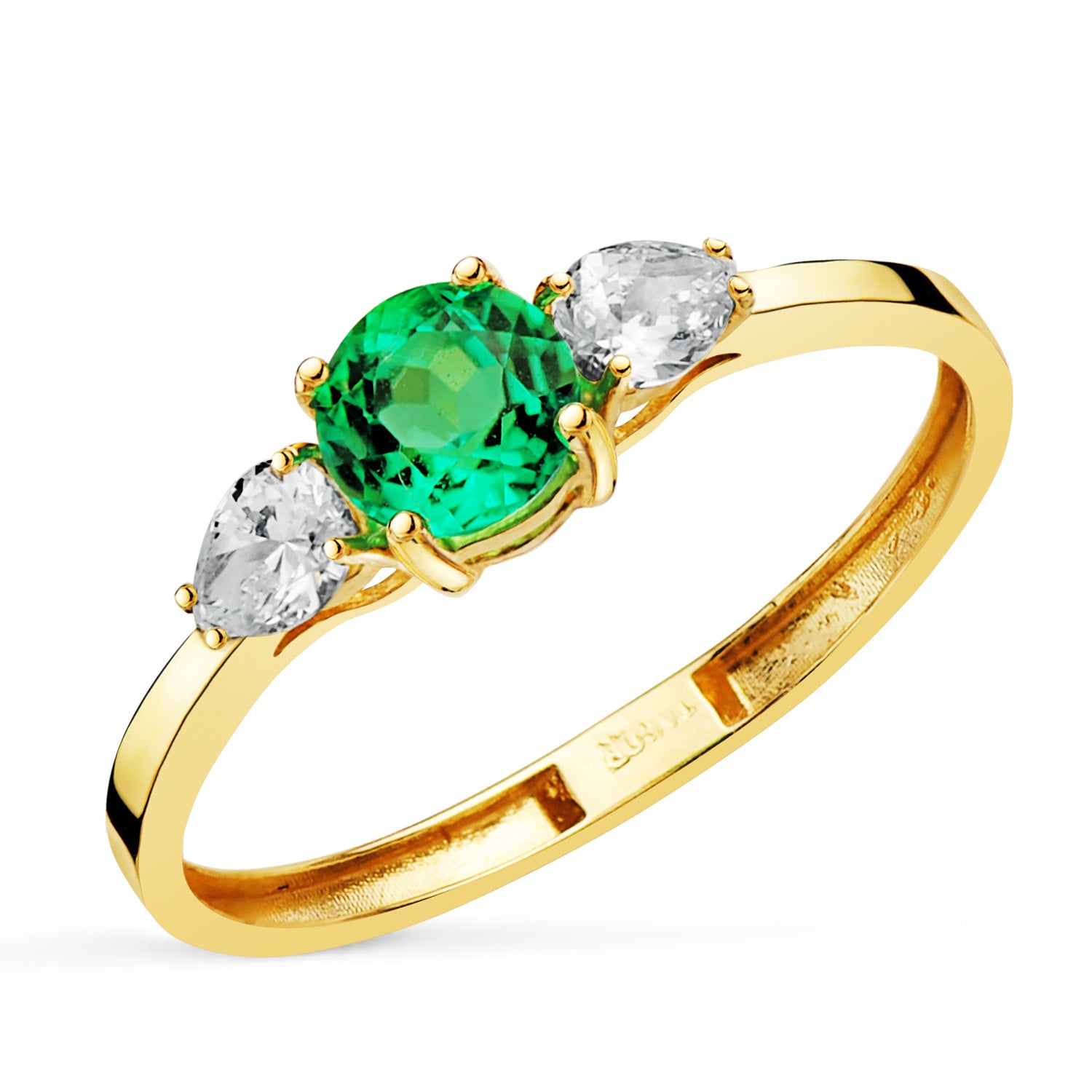 18K Yellow Gold Ring with 5mm Recrystallized Emerald 0.48 Ct and Pear Cut Lab Diamonds 0.29 Ct VS2 - E