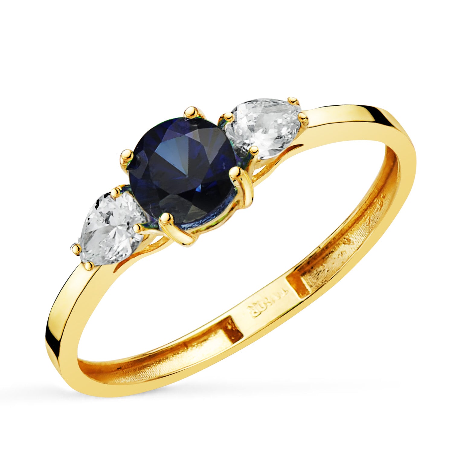 Ring i 18K gult gull 5 mm safir 0,63 Ct og pæreslipte Lab-diamanter 0,29 Ct VS2 - E
