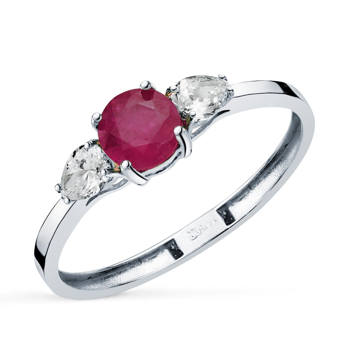 Bague pierre ronde et diamants taille poire – Or 18 carats – Rubis / Or blanc