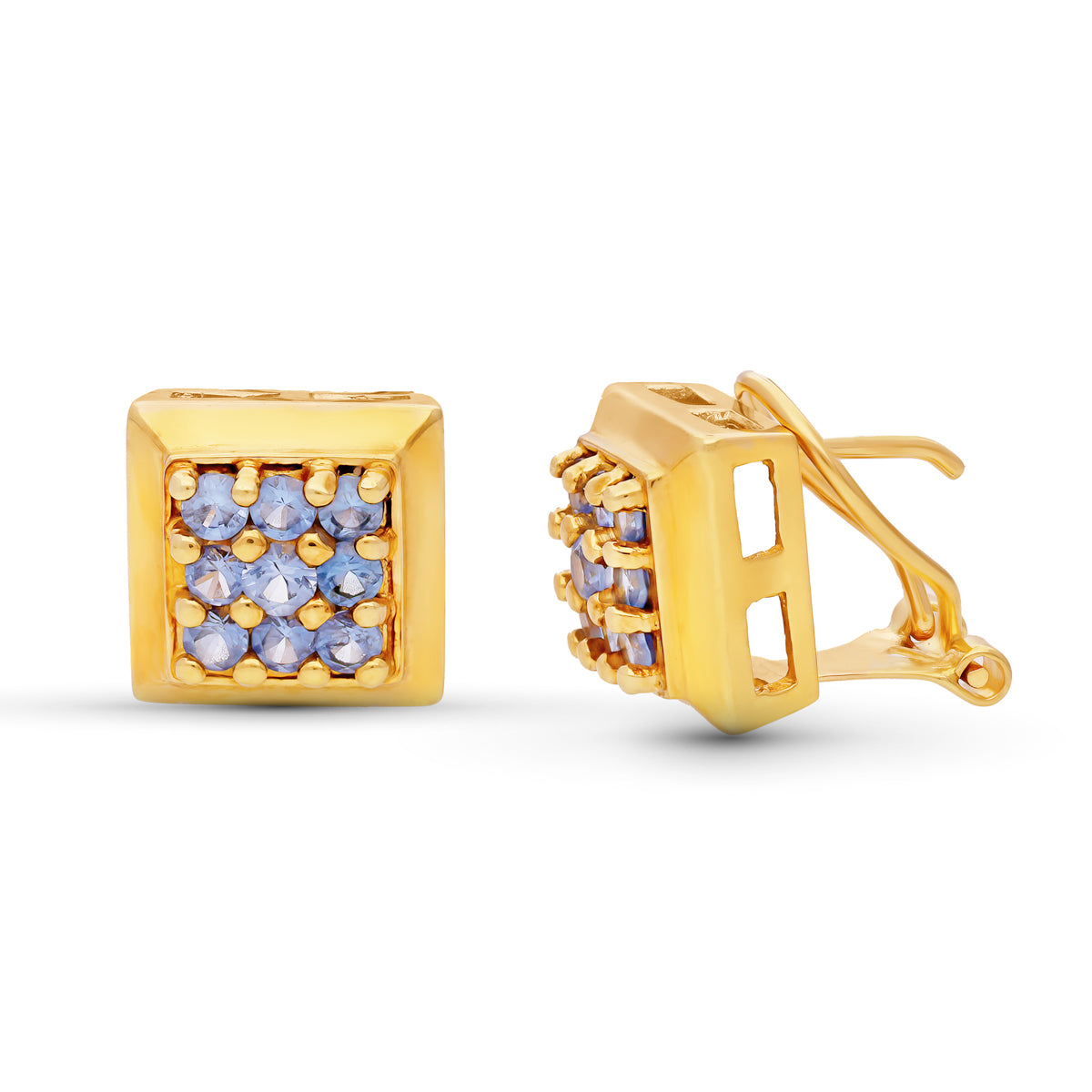 Boucles d'oreilles Or Jaune 18K Zircone 10X10 mm Fermoir Omega