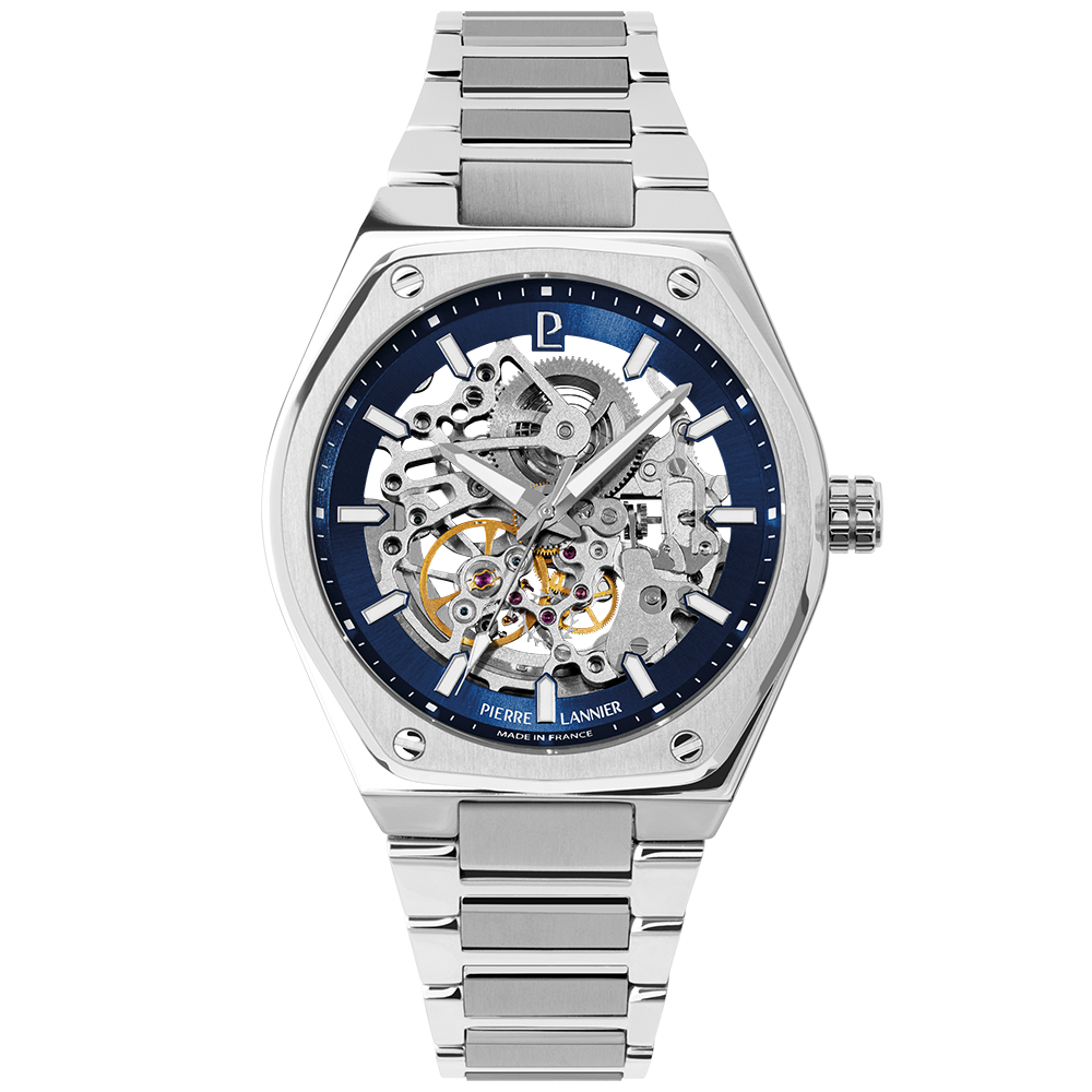 Montre homme Pierre Lannier COPILOTE 308G161 – cadran bleu bracelet acier argenté – vue de face