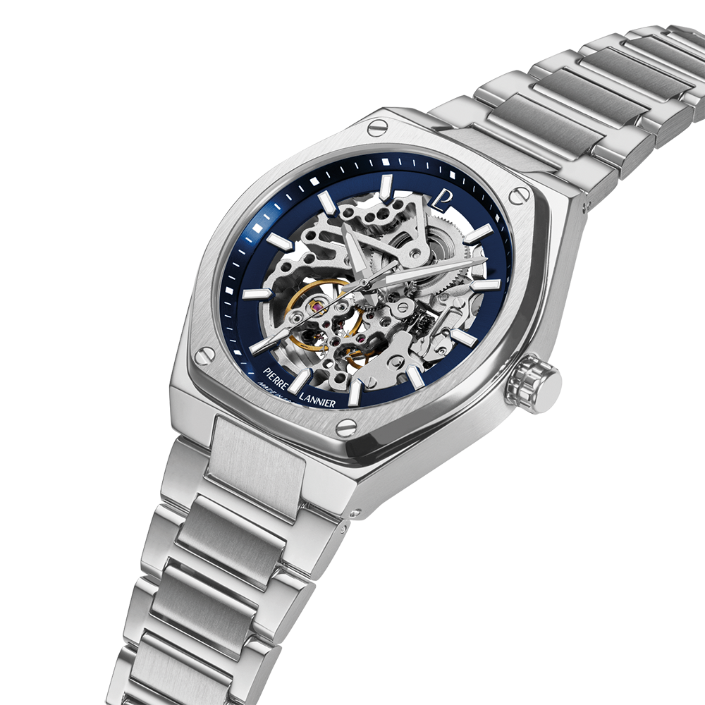 Montre homme Pierre Lannier COPILOTE 308G161 – cadran bleu bracelet acier argenté – vue 3