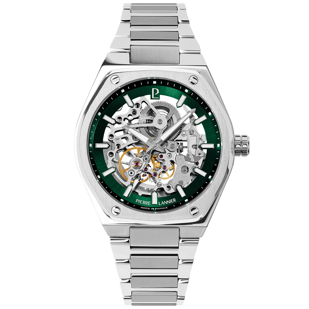 Montre homme Pierre Lannier COPILOTE 308G171 – cadran vert bracelet acier argenté – vue de face