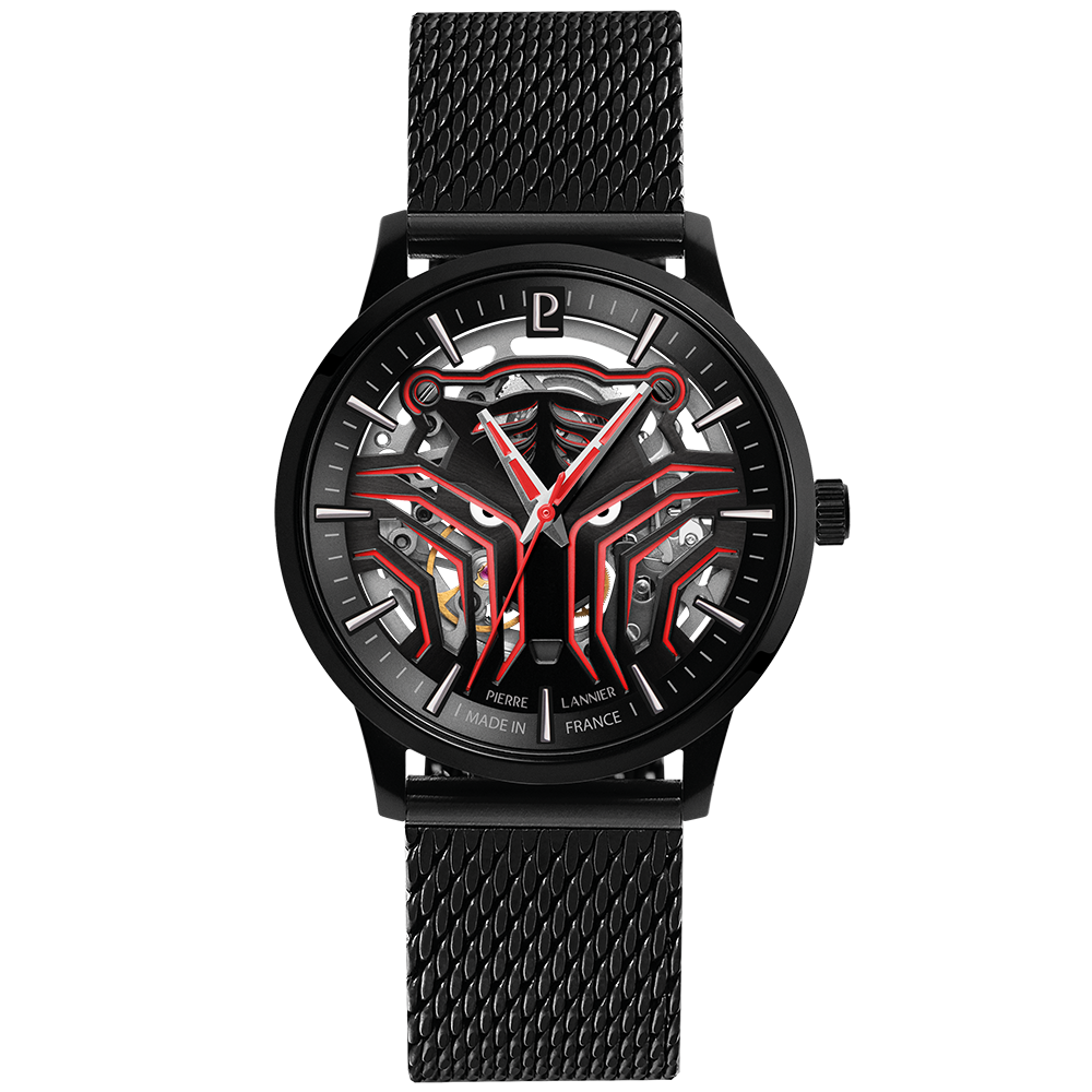 Montre homme Pierre Lannier SHERKHAN 309F439 – cadran laqué motif tigre bracelet milanais noir – vue de face