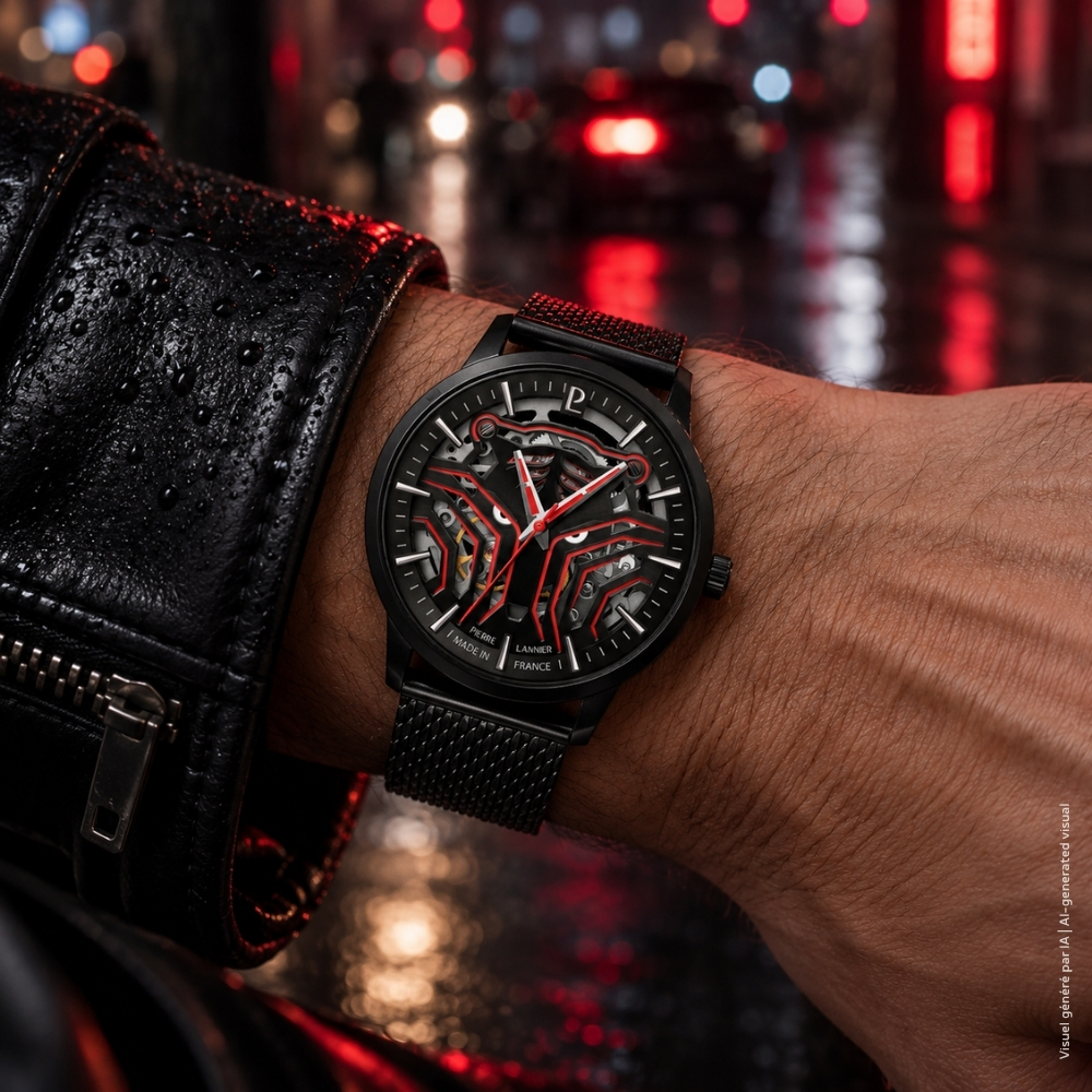 Montre homme Pierre Lannier SHERKHAN 309F439 – cadran laqué motif tigre bracelet milanais noir – vue 2