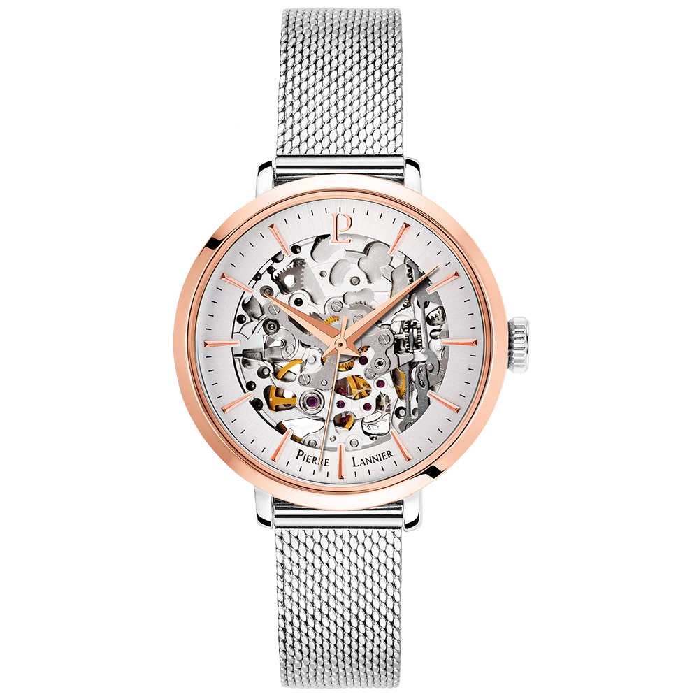 Pierre Lannier AUTOMATISK damklocka stålboett silver Milanese stålarmband 312B628
